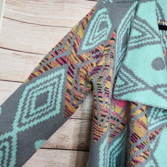 Andrade Open Cardigan Jacket Women's One Size Teal Aztec Print Cotton Polyester - Picture 4 of 14